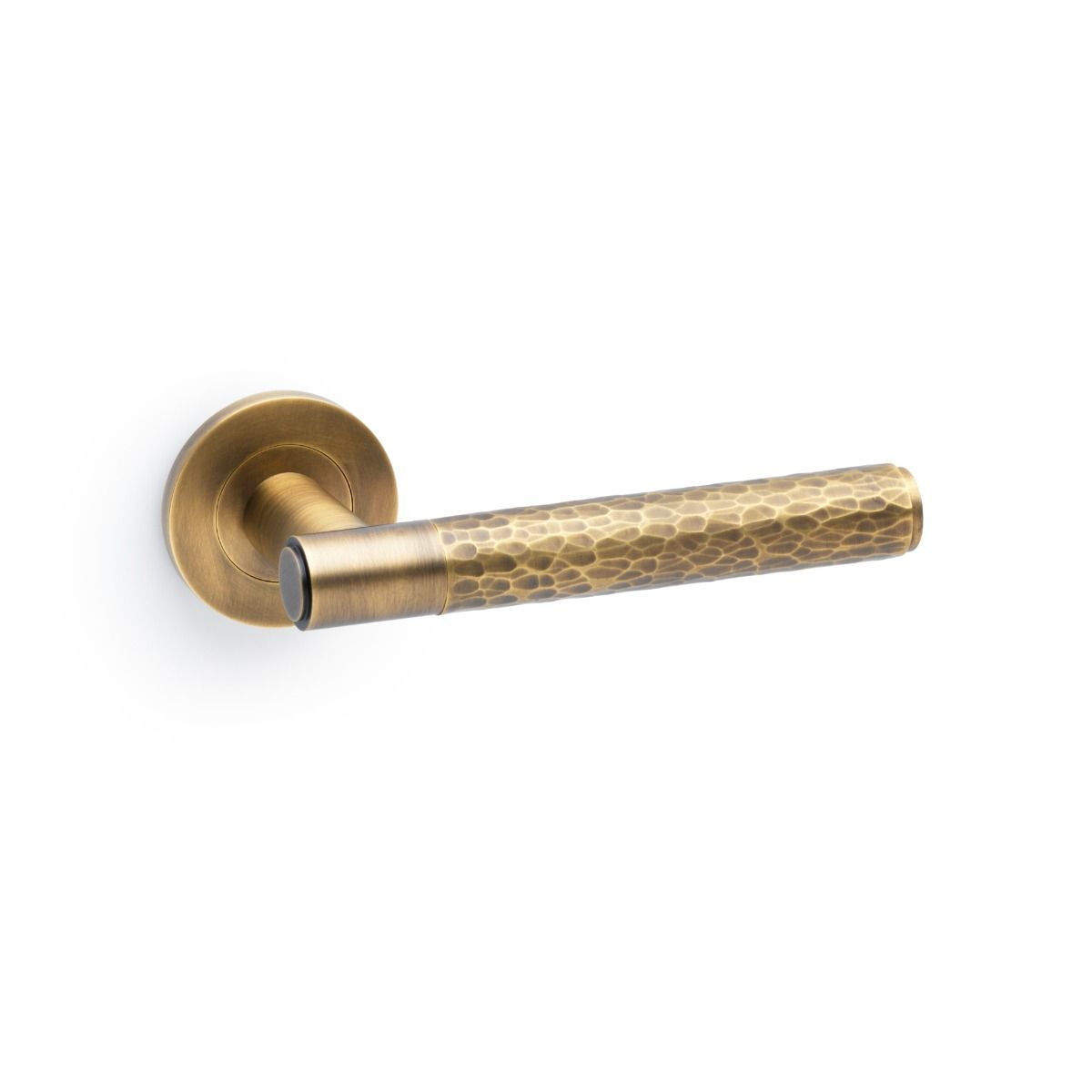 Alexander And Wilks Spitfire Door Handle Hammered On Round Rose Italian Brass AW223IB