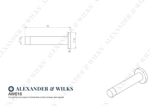 Alexander And Wilks Projection Cyl. Doorstop On Rose 75mm Polished Nickel AW616PN