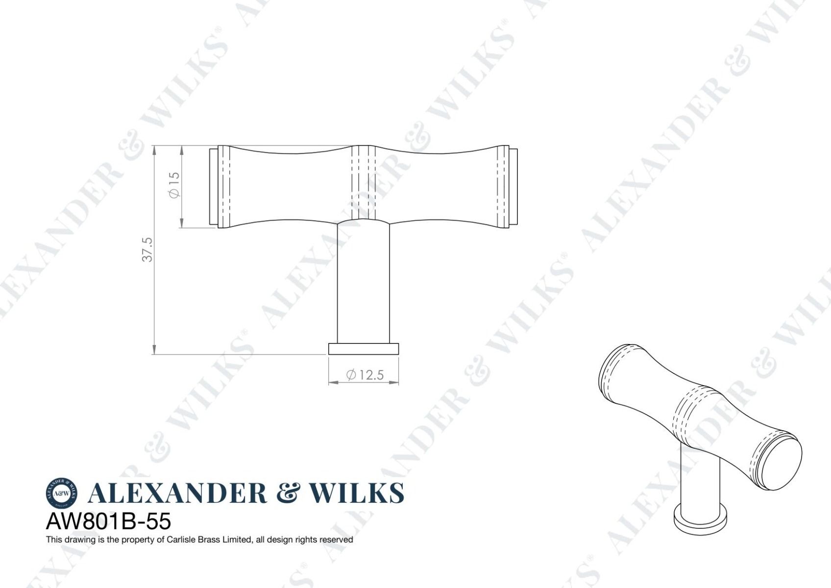 Alexander And Wilks Bamboo T-Bar Cupboard Knob 55Mm Matt Black AW801B-55-BL