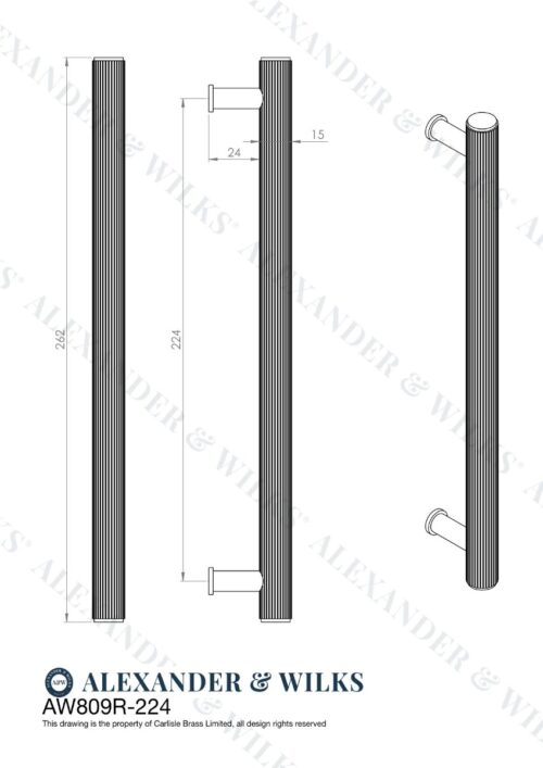 Alexander And Wilks Reeded T-Bar Cabinet Pull 224Mm C/C Matt Black AW809R-224-BL