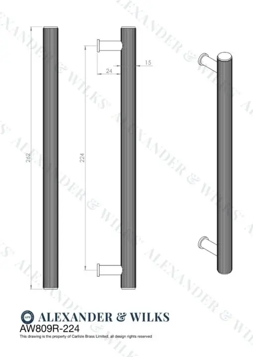Alexander And Wilks Reeded T-Bar Cabinet Pull 224Mm C/C Matt Black AW809R-224-BL