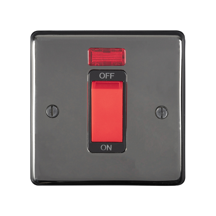 Eurolite Bn45Aswnsb 45Amp Dp Cooker Switch With Neon Single Round Edge Black Nickel Plate Red Rocker Black Trim