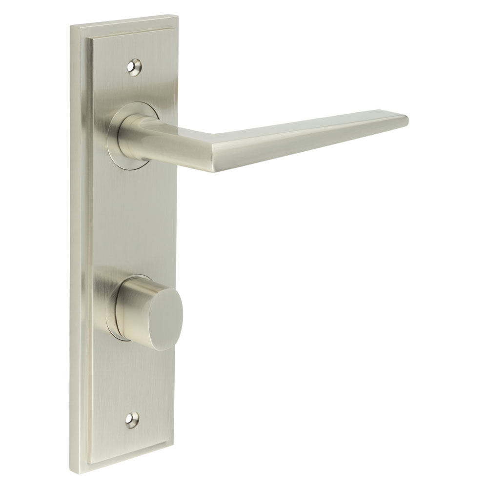 Mayfair Door Handle Din Bathroom Backplate Satin Nickel & Turn & Release