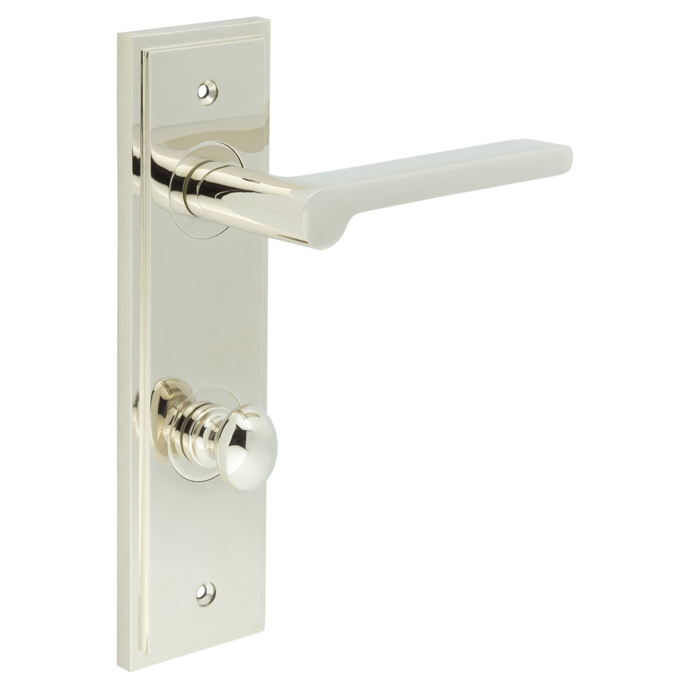 Fitzrovia Door Handle Din Bathroom Backplate Polished Nickel & Turn & Release