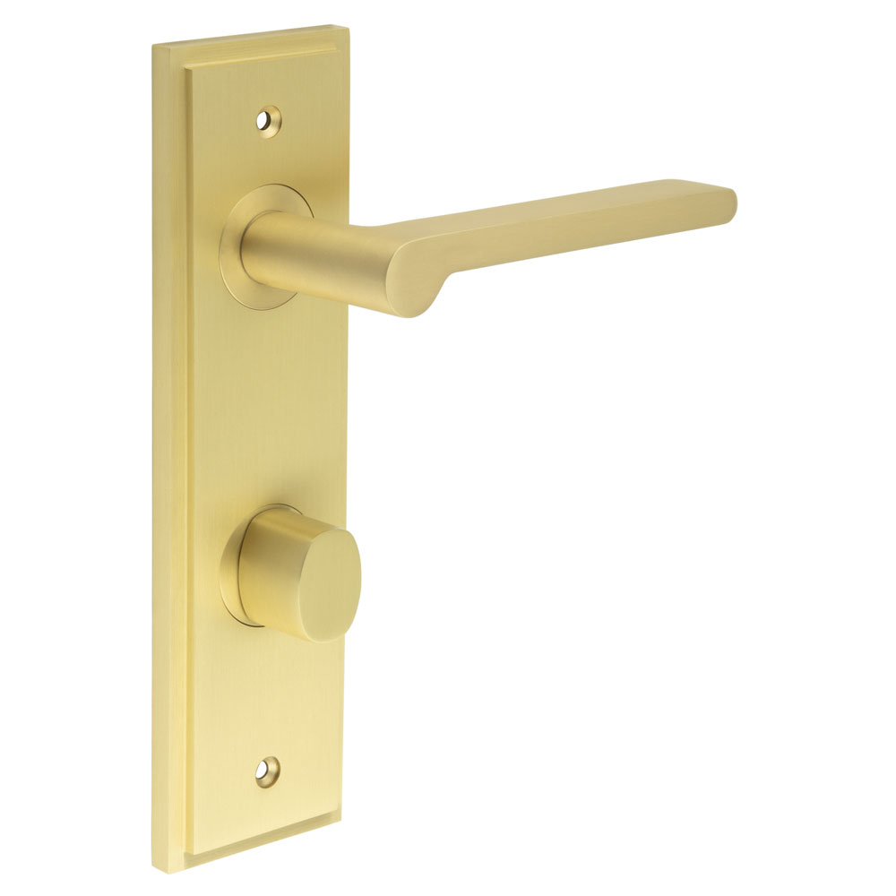 Fitzrovia Door Handle Din Bathroom Backplate Satin Brass & Turn & Release