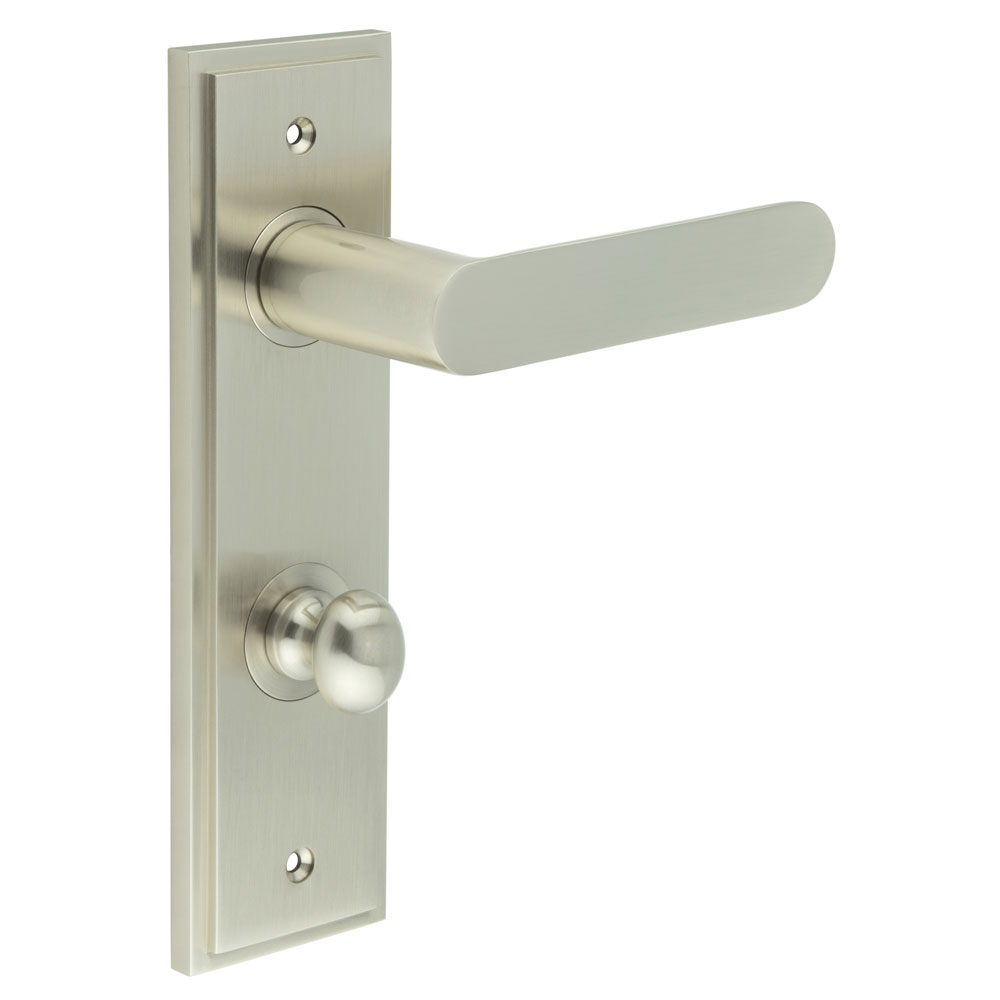 Kensington Door Handle Din Bathroom Backplate Satin Nickel & Turn & Release