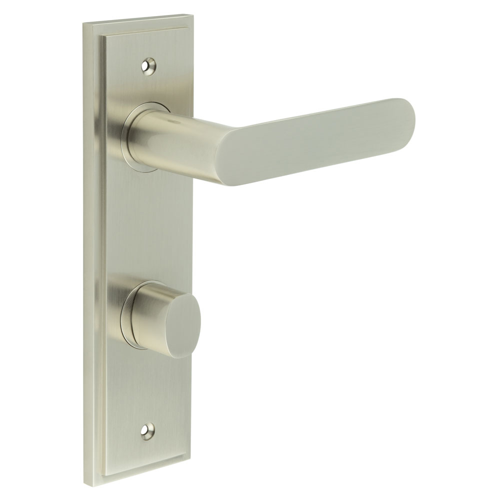 Kensington Door Handle Din Bathroom Backplate Satin Nickel & Turn & Release