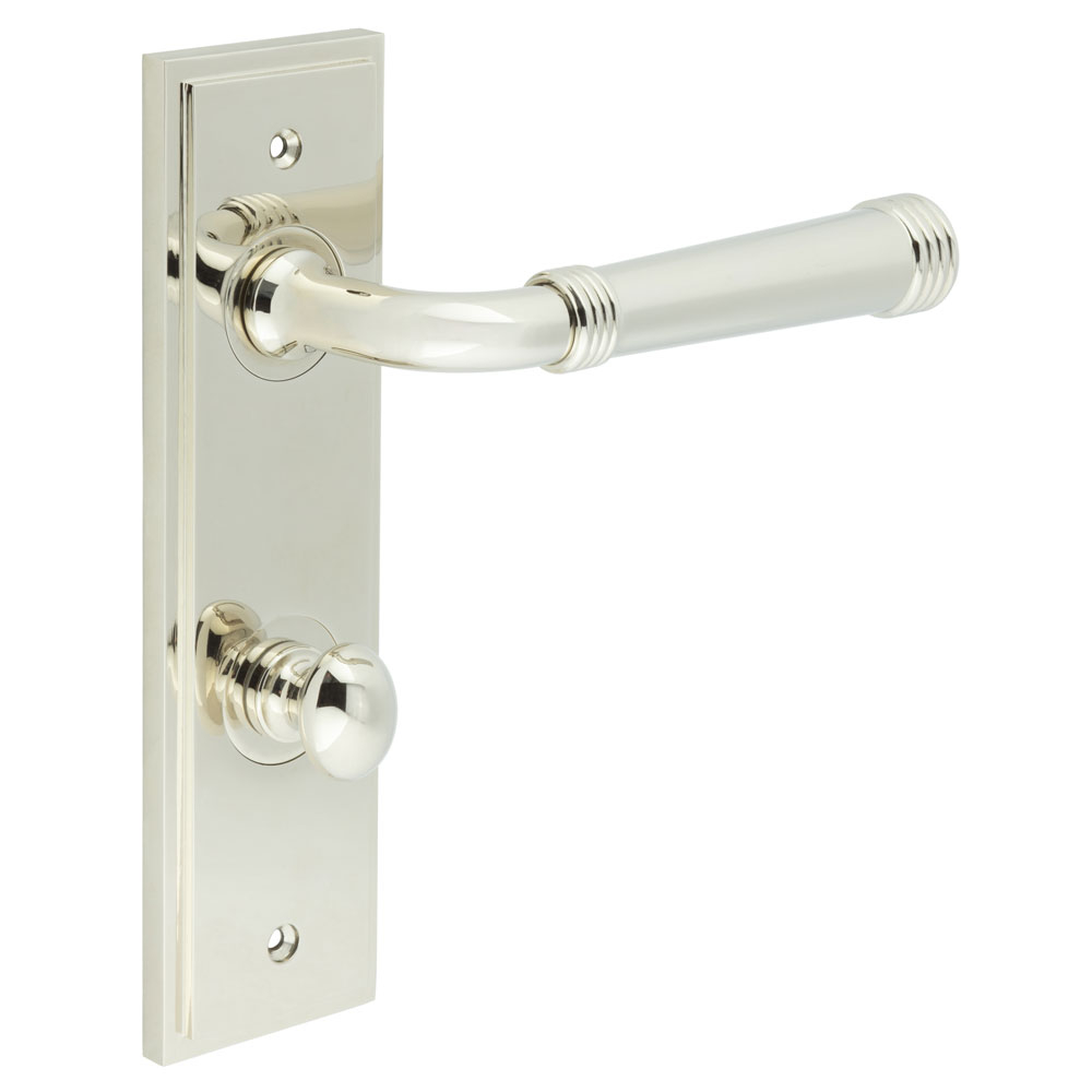 Highgate Door Handle Din Bathroom Backplate Polished Nickel & Turn & Release