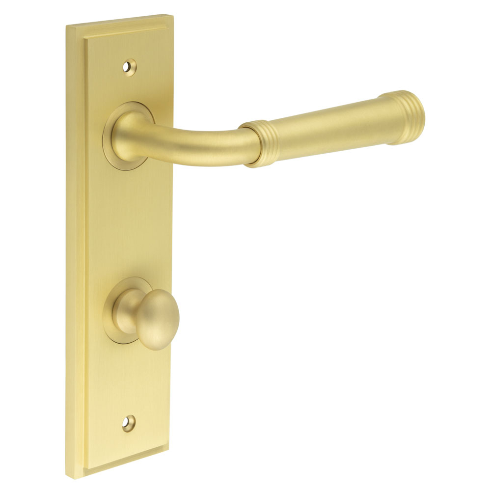 Highgate Door Handle Din Bathroom Backplate Satin Brass & Turn & Release