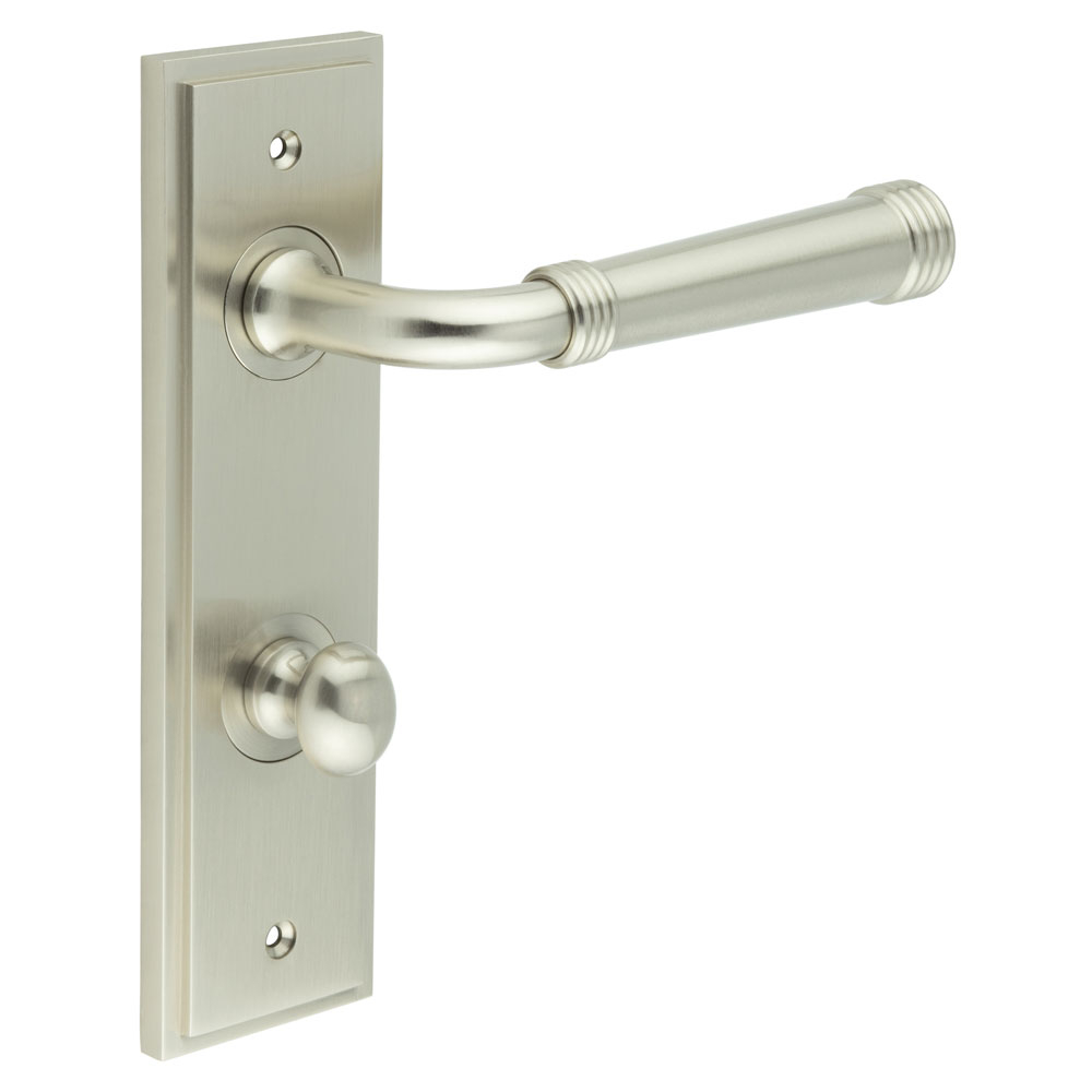 Highgate Door Handle Din Bathroom Backplate Satin Nickel & Turn & Release