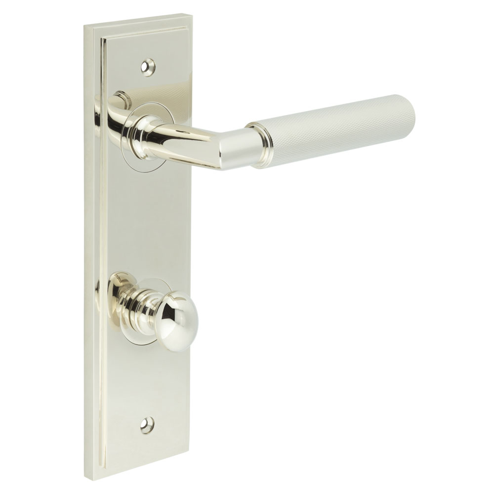 Piccadilly Door Handle Bathroom Din Backplate Polished Nickel & Turn & Release