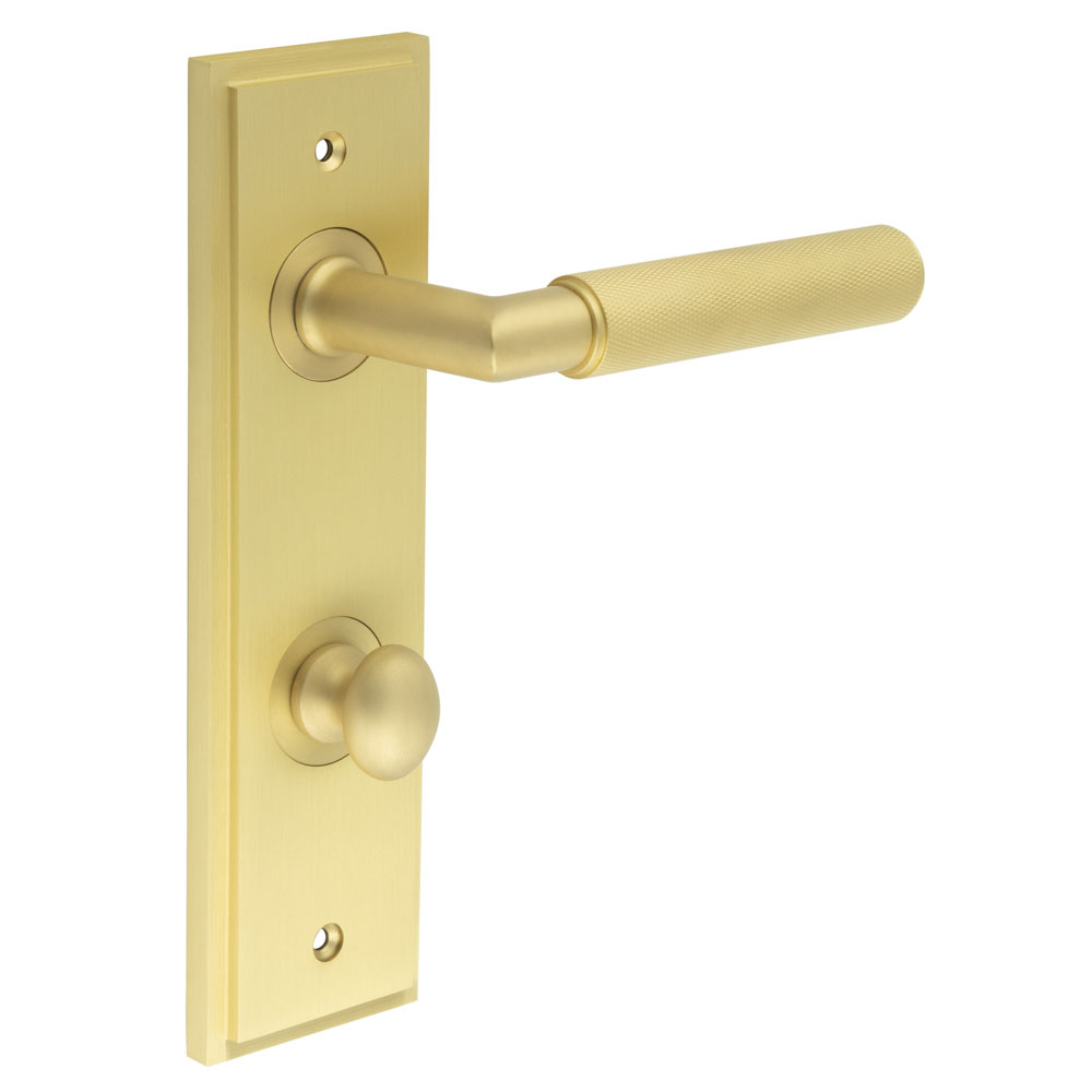 Piccadilly Door Handle Bathroom Din Backplate Satin Brass & Turn & Release