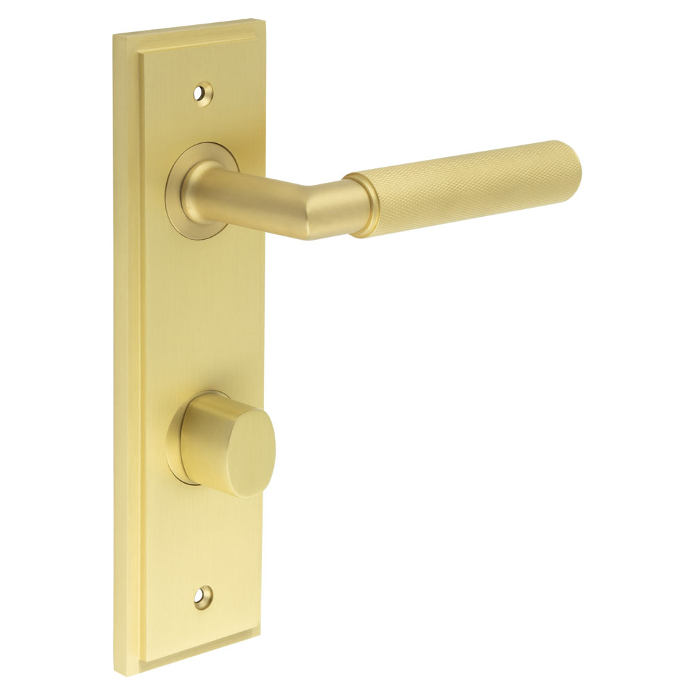 Piccadilly Door Handle Bathroom Din Backplate Satin Brass & Turn & Release