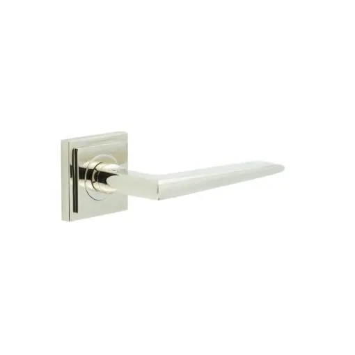 Mayfair Door Handle on Square Stepped Rose Polished Nickel