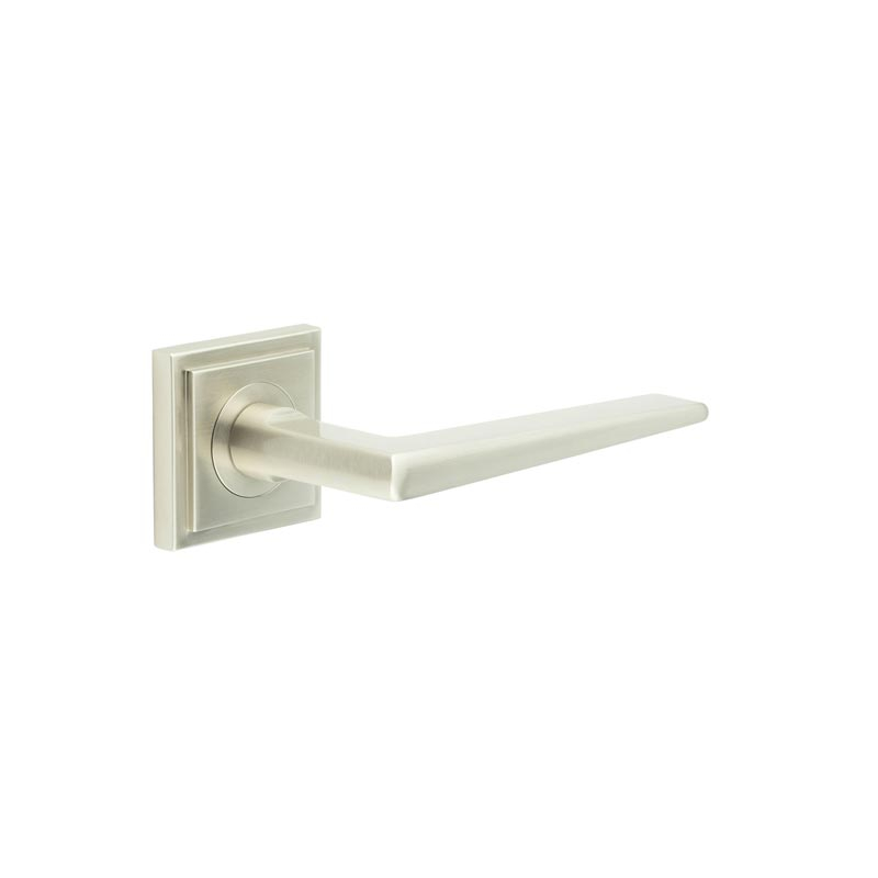 Mayfair Door Handle on Square Stepped Rose Satin Nickel