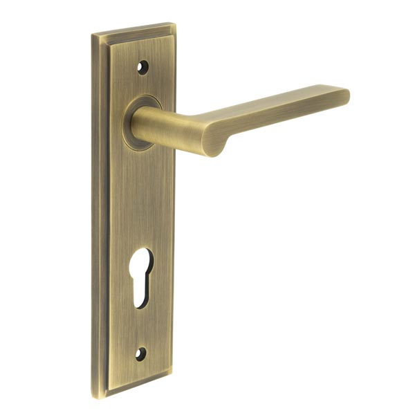 Fitzrovia Door Handle Din Euro Backplate Antique Brass