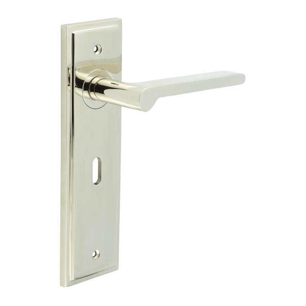 Fitzrovia Door Handle Lock Backplate Polished Nickel