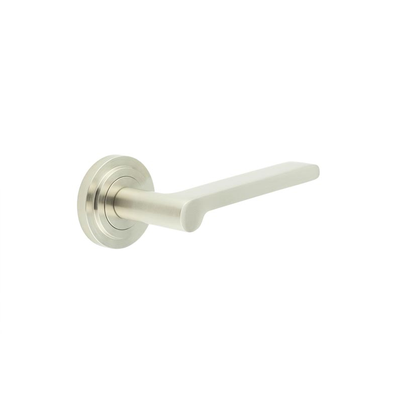 Fitzrovia Door Handles Stepped Rose Satin Nickel