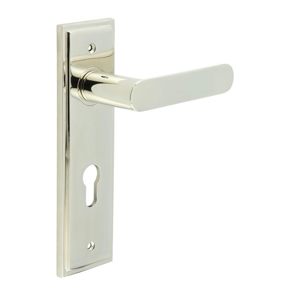 Kensington Door Handle Din Euro Backplate Polished Nickel