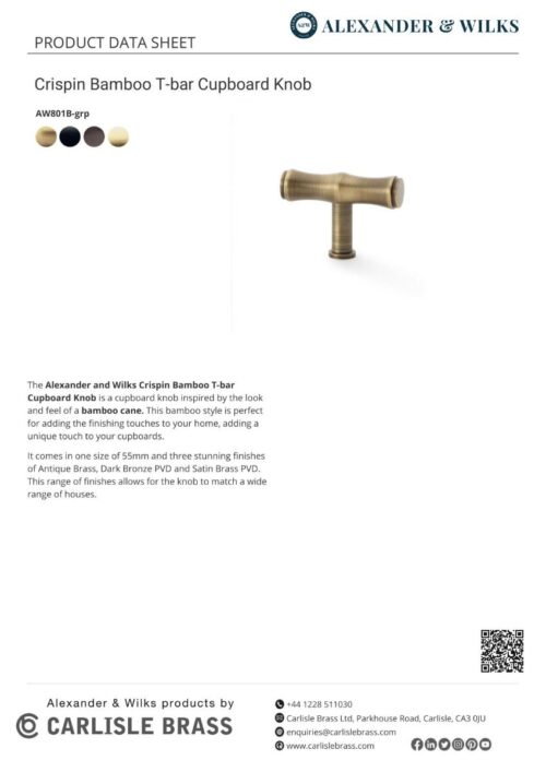 Alexander And Wilks Bamboo T-Bar Cupboard Knob 55Mm Matt Black AW801B-55-BL