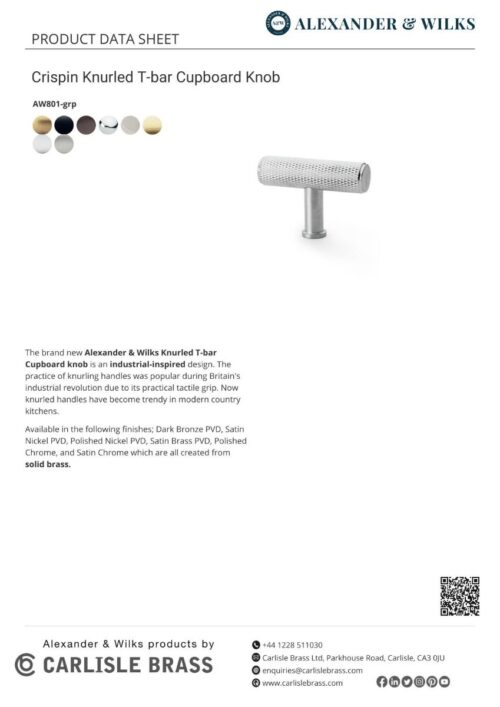 Alexander And Wilks Knurled T-Bar Cupboard Knob 55 Mm Matt Black AW801-55-BL