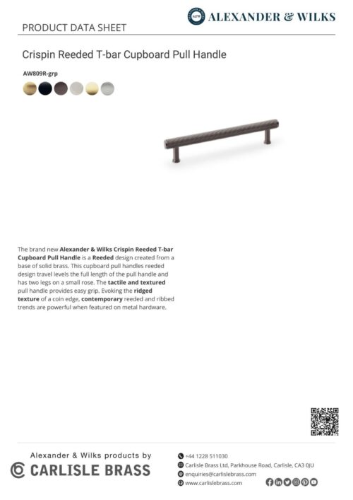 Alexander And Wilks Reeded T-Bar Cabinet Pull 160Mm C/C Matt Black AW809R-160-BL