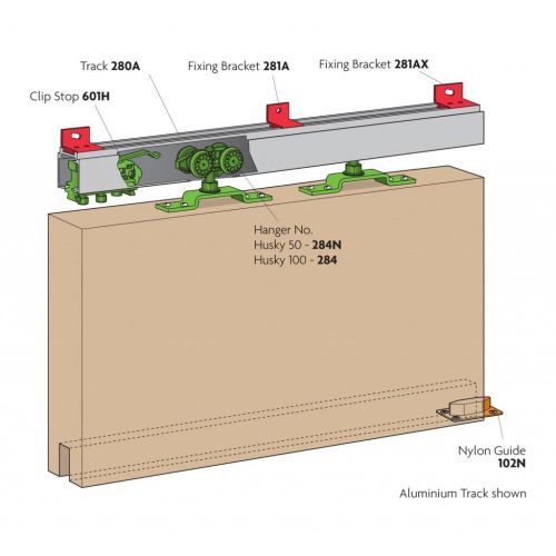 HUSKY SLIDING 100 Sliding door kit for wooden and metal doors weighing up to 100kg Track Length 2.4m