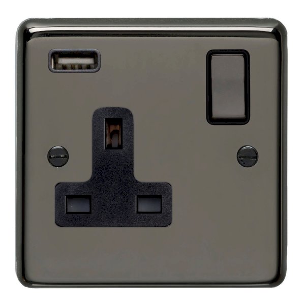 Eurolite Ecbn1Usbbnb 1 Gang 13Amp Switched Socket With 2.1 Amp Usb Outlet Concealed Black Nickel Plate Matching Rocker Black Trim