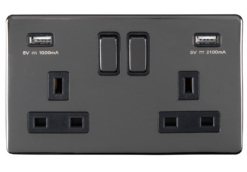 Eurolite Ecbn2Usbbnb 2 Gang 13Amp Switched Socket With Combined 3.1Amp Usb Outlets Concealed Black Nickel Plate Matching Rockers Black Trim