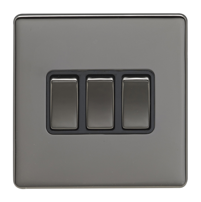 Eurolite Ecbn3Swbnb 3 Gang 10Amp 2Way Switch Concealed Black Nickel Plate Matching Rockers Black Trim