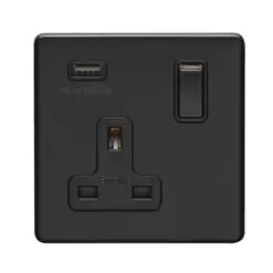 Eurolite Ecmb1Usbb 1 Gang 13Amp Dp Switched Socket With 2.1 Amp Usb Outlet Flat Concealed Matt Black Plate Black Rocker