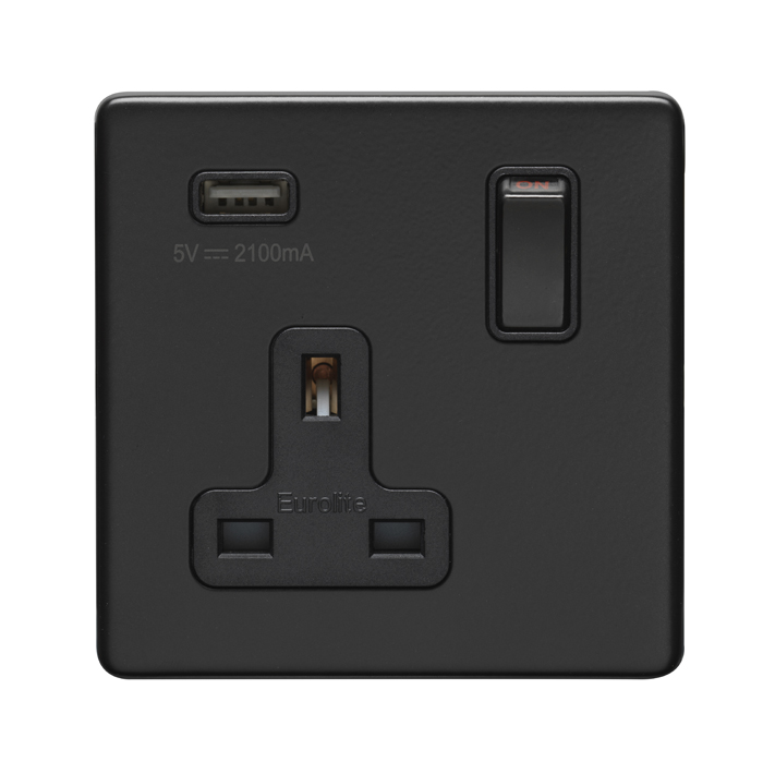 Eurolite Ecmb1Usbb 1 Gang 13Amp Dp Switched Socket With 2.1 Amp Usb Outlet Flat Concealed Matt Black Plate Black Rocker