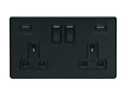 Eurolite Ecmb2Usbb 2 Gang 13Amp Dp Switched Socket With Combined 3.1 Amp Usb Outlets Flat Concealed Matt Black Plate Black Rockers