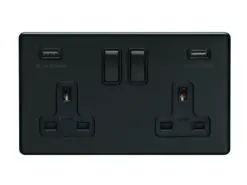 Eurolite Ecmb2Usbb 2 Gang 13Amp Dp Switched Socket With Combined 3.1 Amp Usb Outlets Flat Concealed Matt Black Plate Black Rockers
