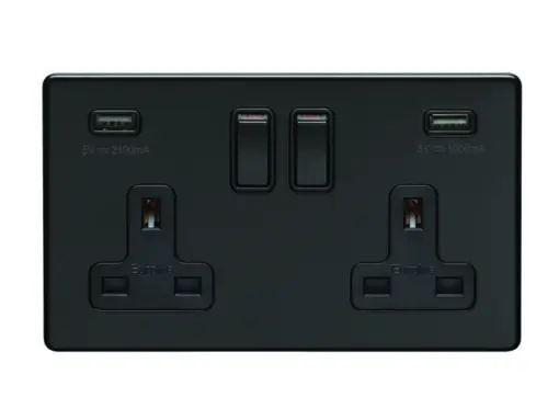 Eurolite Ecmb2Usbb 2 Gang 13Amp Dp Switched Socket With Combined 3.1 Amp Usb Outlets Flat Concealed Matt Black Plate Black Rockers
