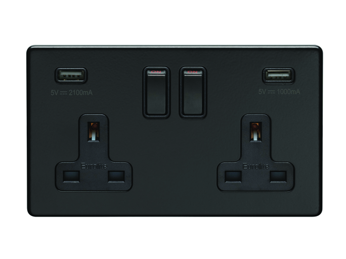 Eurolite Ecmb2Usbb 2 Gang 13Amp Dp Switched Socket With Combined 3.1 Amp Usb Outlets Flat Concealed Matt Black Plate Black Rockers