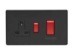Eurolite Ecmb45Aswasb 45Amp Dp Cooker Switch With 13Amp Socket Flat Concealed Matt Black Plate Red Rockers