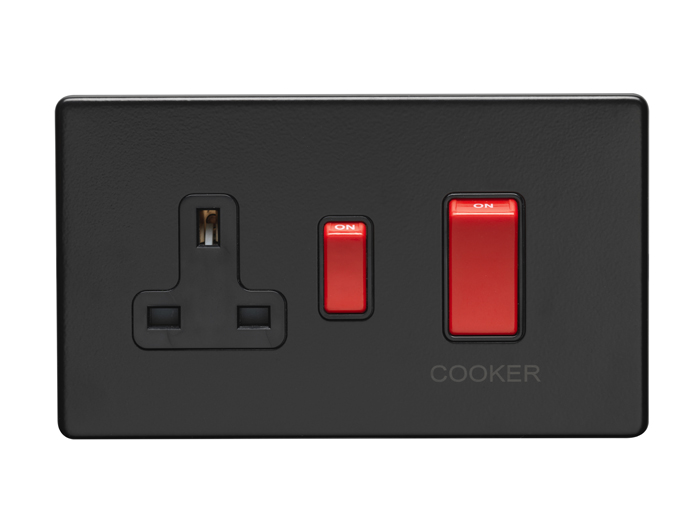 Eurolite Ecmb45Aswasb 45Amp Dp Cooker Switch With 13Amp Socket Flat Concealed Matt Black Plate Red Rockers