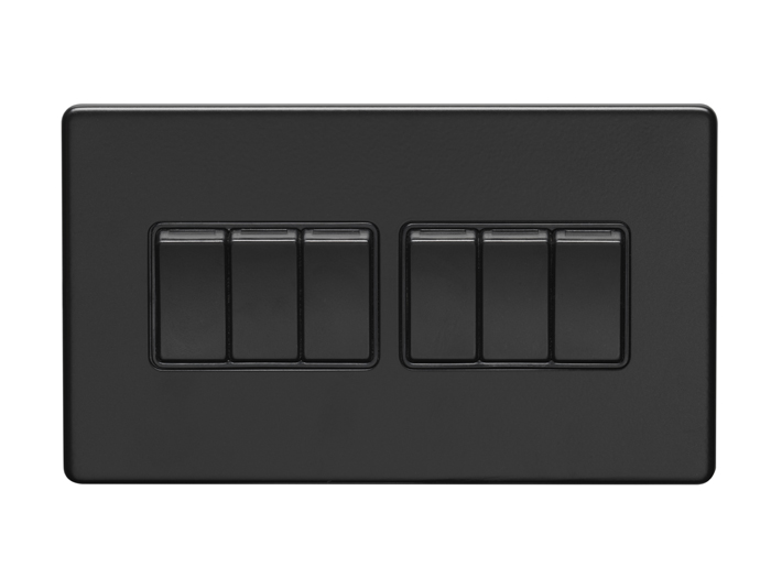 Eurolite Ecmb6Swb 6 Gang 10Amp 2Way Switch Flat Concealed Matt Black Plate Black Rockers