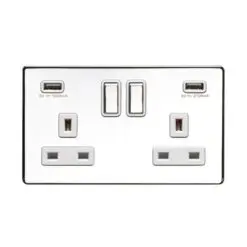 Eurolite Ecpc2Usbpcw 2Gang 13Amp Switched Socket With Combined 3.1Amp Usb Outlets Concealed Polished Chrome Plate Matching Rockers White Trim