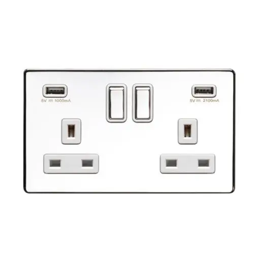 Eurolite Ecpc2Usbpcw 2Gang 13Amp Switched Socket With Combined 3.1Amp Usb Outlets Concealed Polished Chrome Plate Matching Rockers White Trim