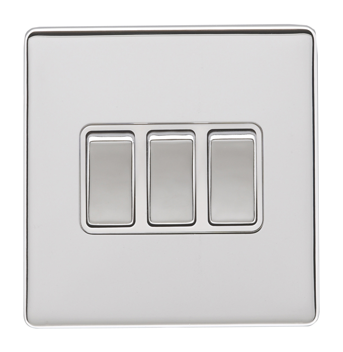 Eurolite Ecpc3Swpcw 3 Gang 10Amp 2Way Switch Concealed Polished Chrome Plate Matching Rockers White Trim