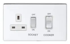 Eurolite Ecpc45Aswaspcw 45Amp Dp Cooker Switch With 13Amp Socket Concealed Polished Chrome Plate Matching Rockers White Trim