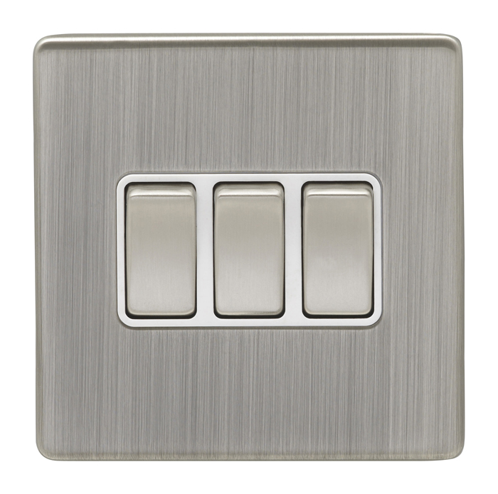 Eurolite Ecsn3Swsnw 3 Gang 10Amp 2Way Switch Concealed Satin Nickel Plate Matching Rockers White Trim