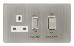 Eurolite Ecsn45Aswassnw 45Amp Dp Cooker Switch With 13Amp Socket Concealed Satin Nickel Plate Matching Rockers White Trim