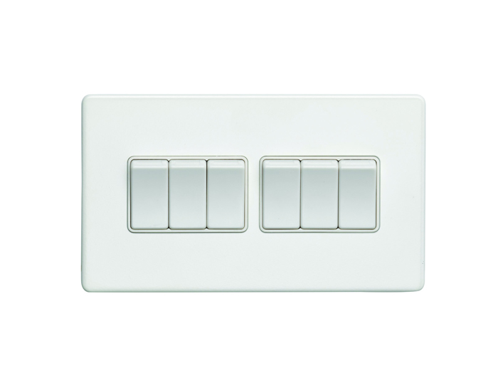 Eurolite Ecw6Sww 6 Gang 10Amp 2Way Switch Flat Concealed White Plate White Rockers