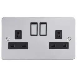 Eurolite Efpss2Sopsb 2 Gang 13Amp Dp Switched Socket Enhance Flat Polished Stainless Steel Plate Matching Rockers Black Trim