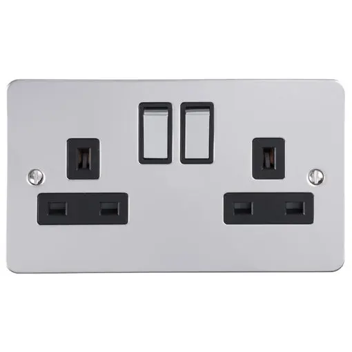 Eurolite Efpss2Sopsb 2 Gang 13Amp Dp Switched Socket Enhance Flat Polished Stainless Steel Plate Matching Rockers Black Trim