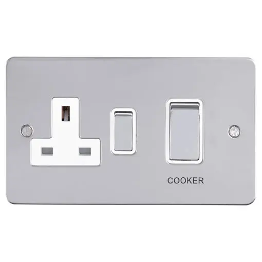 Eurolite Efpss45Aswaspsw 45Amp Dp Cooker Switch With 13Amp Socket Enhance Flat Polished Stainless Steel Plate Red Rockers White Trim