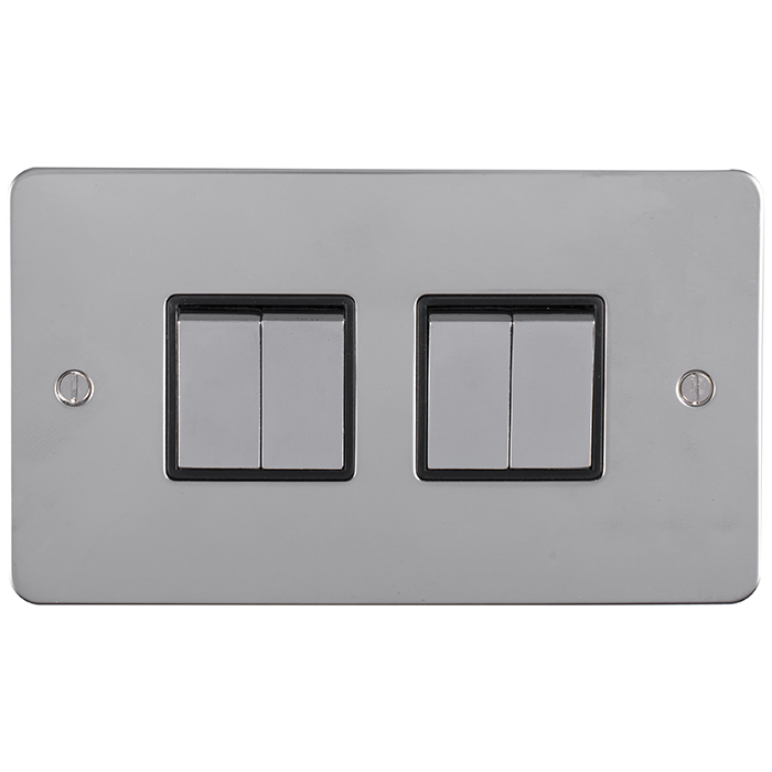 Eurolite Efpss4Swpsb 4 Gang 10Amp 2Way Switch Enhance Flat Polished Stainless Steel Plate Matching Rockers Black Trim